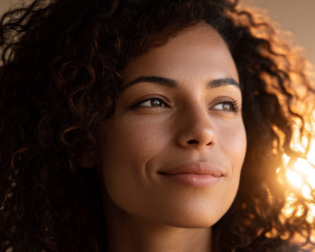 A woman smiling softly in warm sunlight